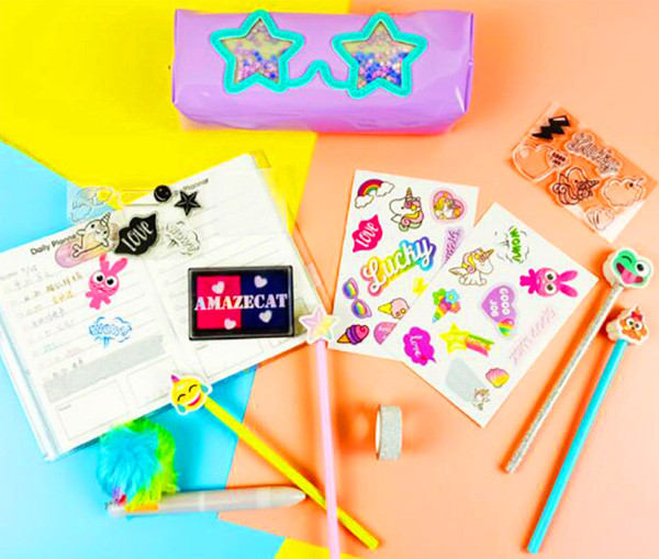 Kids Stationery Set with Notebook Pencil Bag Ball Pen Stamp and Ink Pencil and Eraser in Gift Box